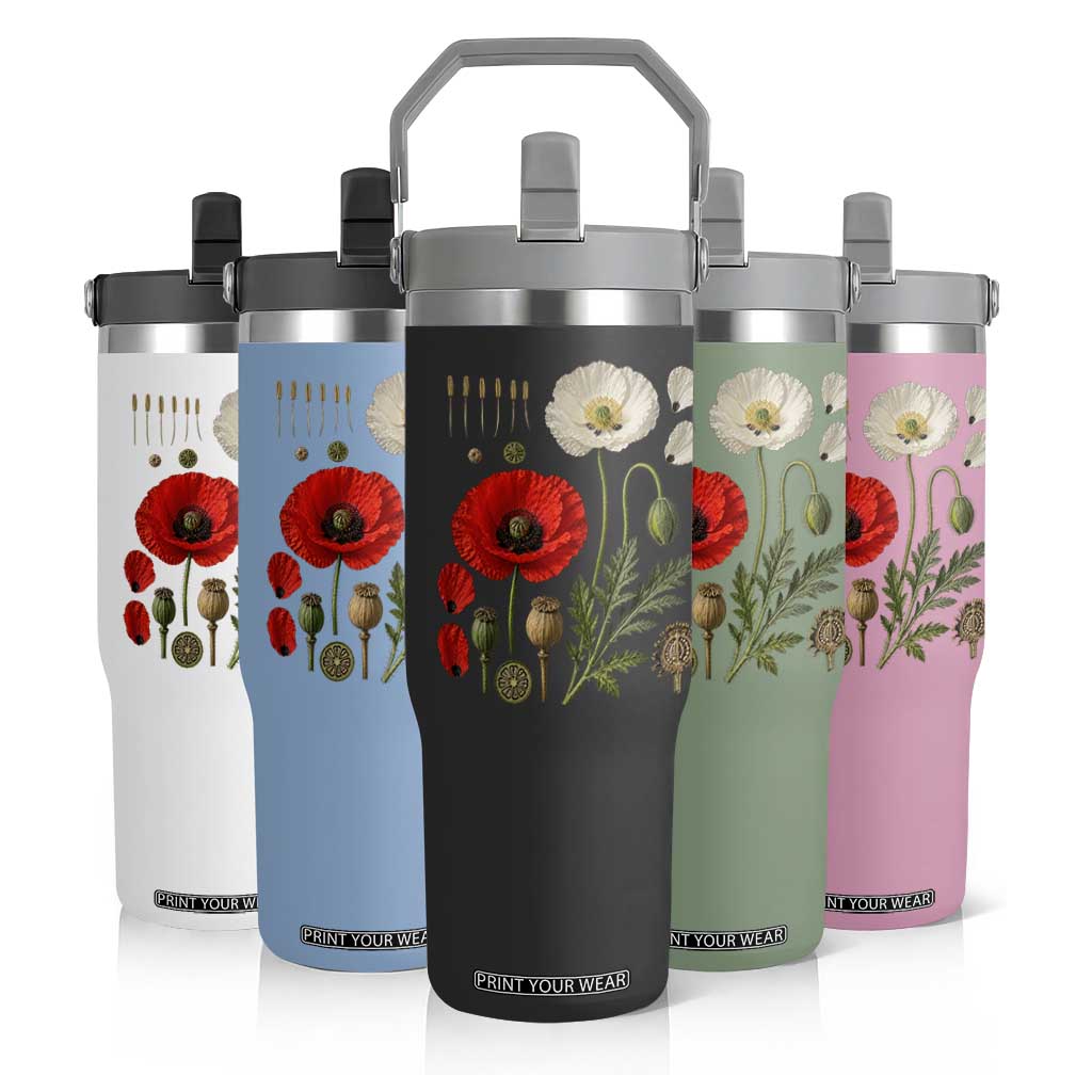 Summer Red Poppy Flower Botanical Poppies Vintage Print Memorial Day Floral Graphic Flip Straw Tumbler