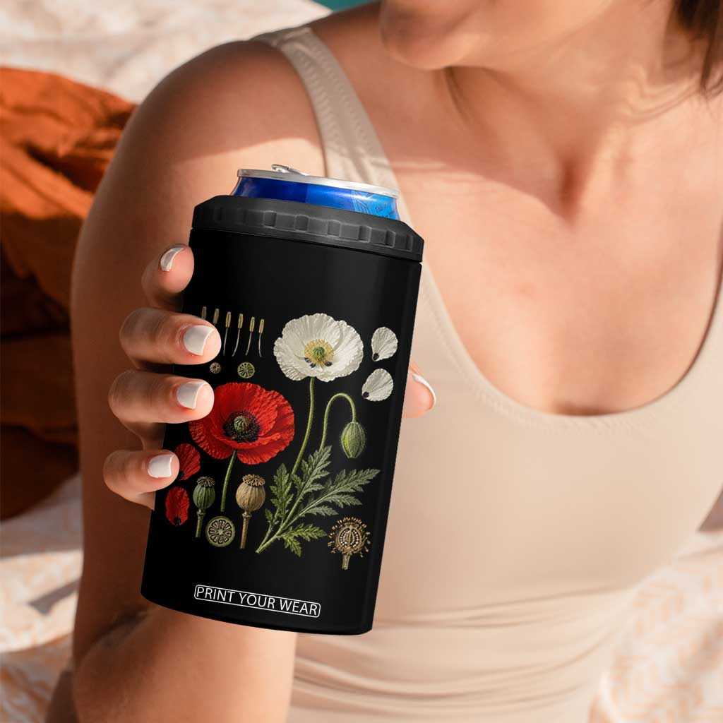 Summer Red Poppy Flower Botanical Poppies Vintage Print Memorial Day Floral Graphic 4 in 1 Can Cooler Tumbler