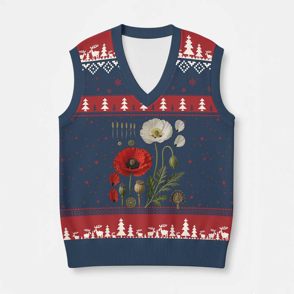 Summer Red Poppy Flower Botanical Poppies Vintage Print Memorial Day Floral Graphic V-Neck Knit Sweater Vest