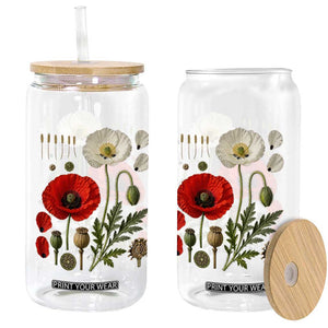 Summer Red Poppy Flower Botanical Poppies Vintage Print Memorial Day Floral Graphic Glass Can