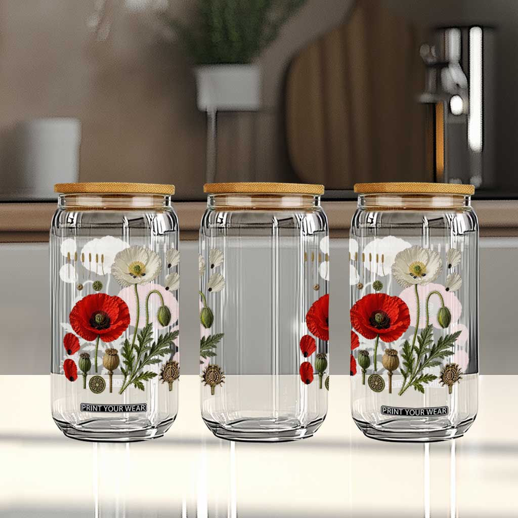 Summer Red Poppy Flower Botanical Poppies Vintage Print Memorial Day Floral Graphic Glass Can