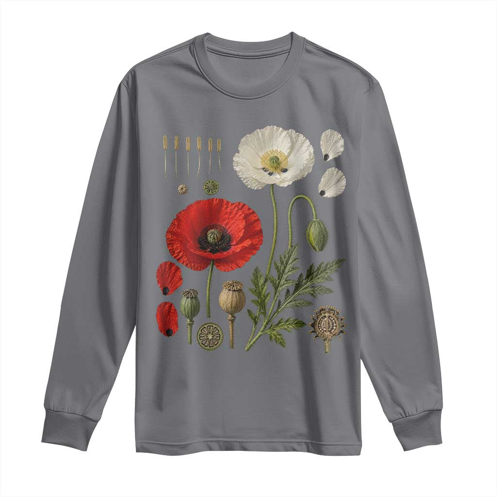 Summer Red Poppy Flower Botanical Poppies Vintage Print Memorial Day Floral Graphic Long Sleeve Shirt