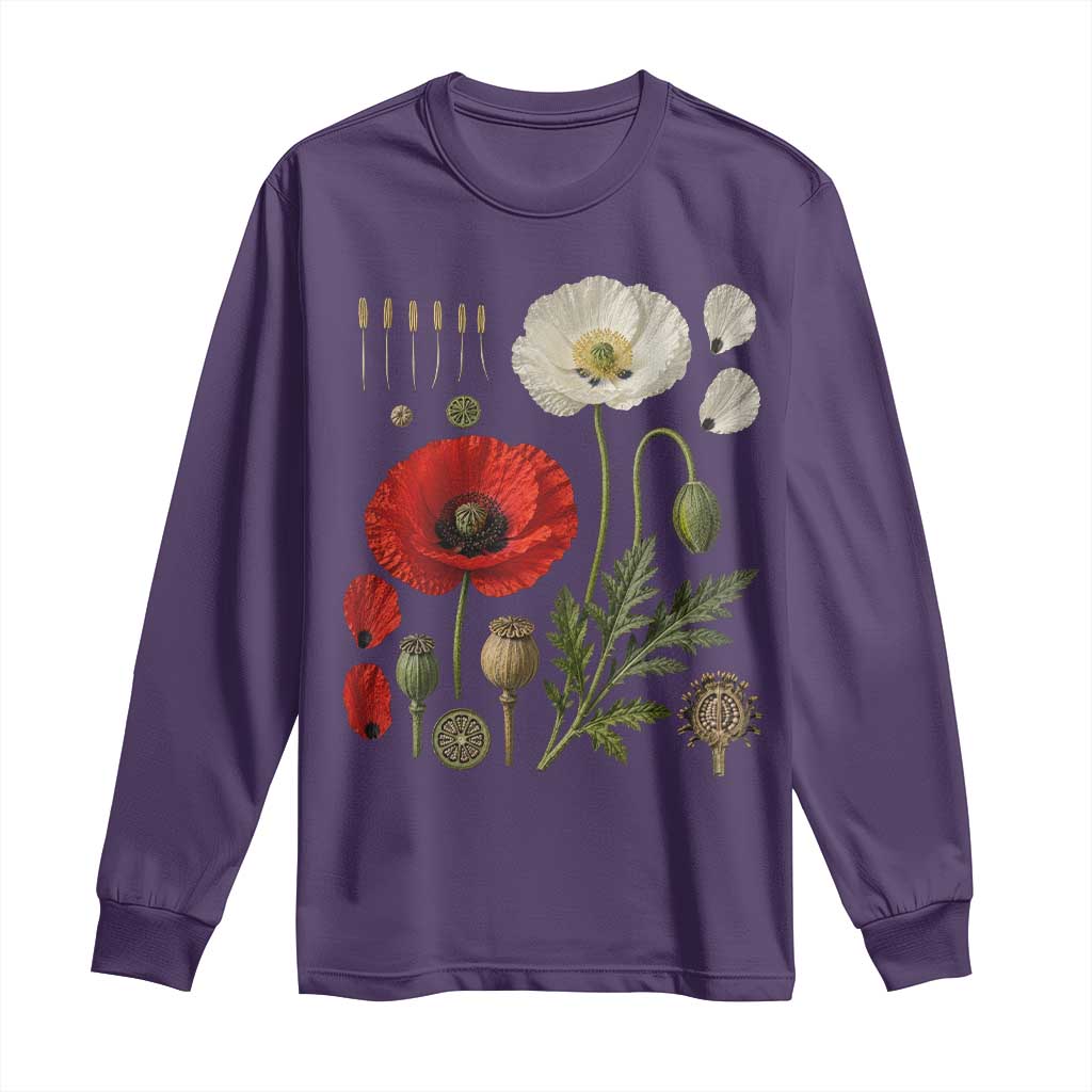 Summer Red Poppy Flower Botanical Poppies Vintage Print Memorial Day Floral Graphic Long Sleeve Shirt