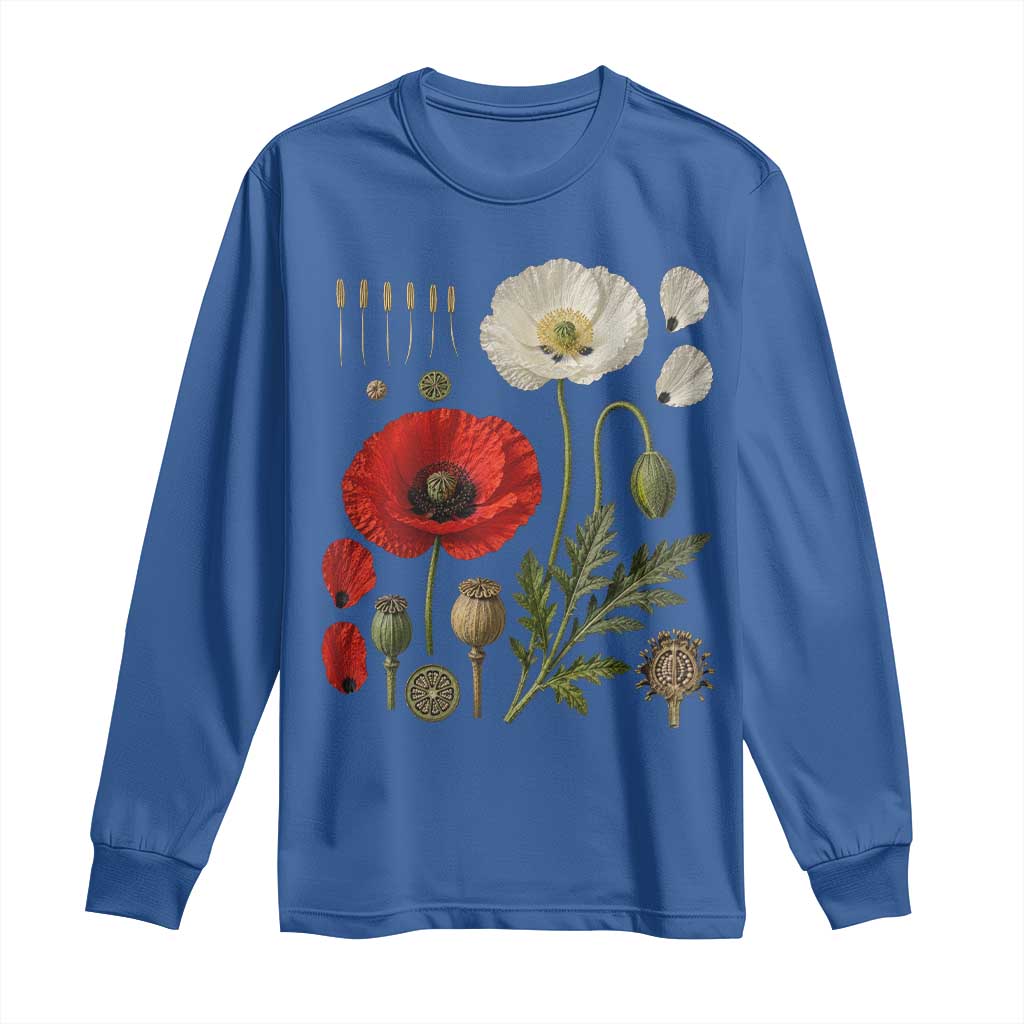 Summer Red Poppy Flower Botanical Poppies Vintage Print Memorial Day Floral Graphic Long Sleeve Shirt