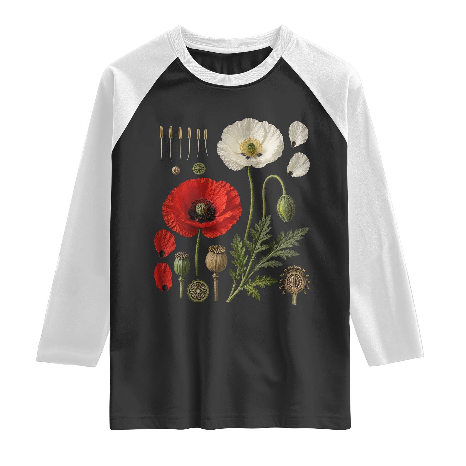 Summer Red Poppy Flower Botanical Poppies Vintage Print Memorial Day Floral Graphic Raglan Shirt