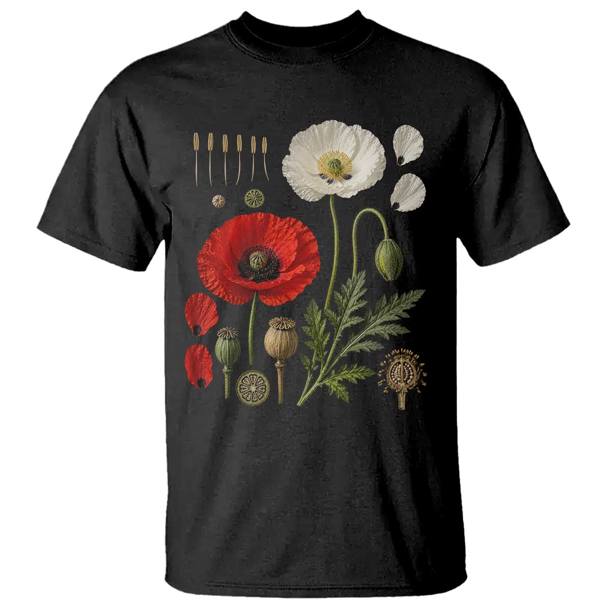 Summer Red Poppy Flower Botanical Poppies Vintage Print Memorial Day Floral Graphic T Shirt