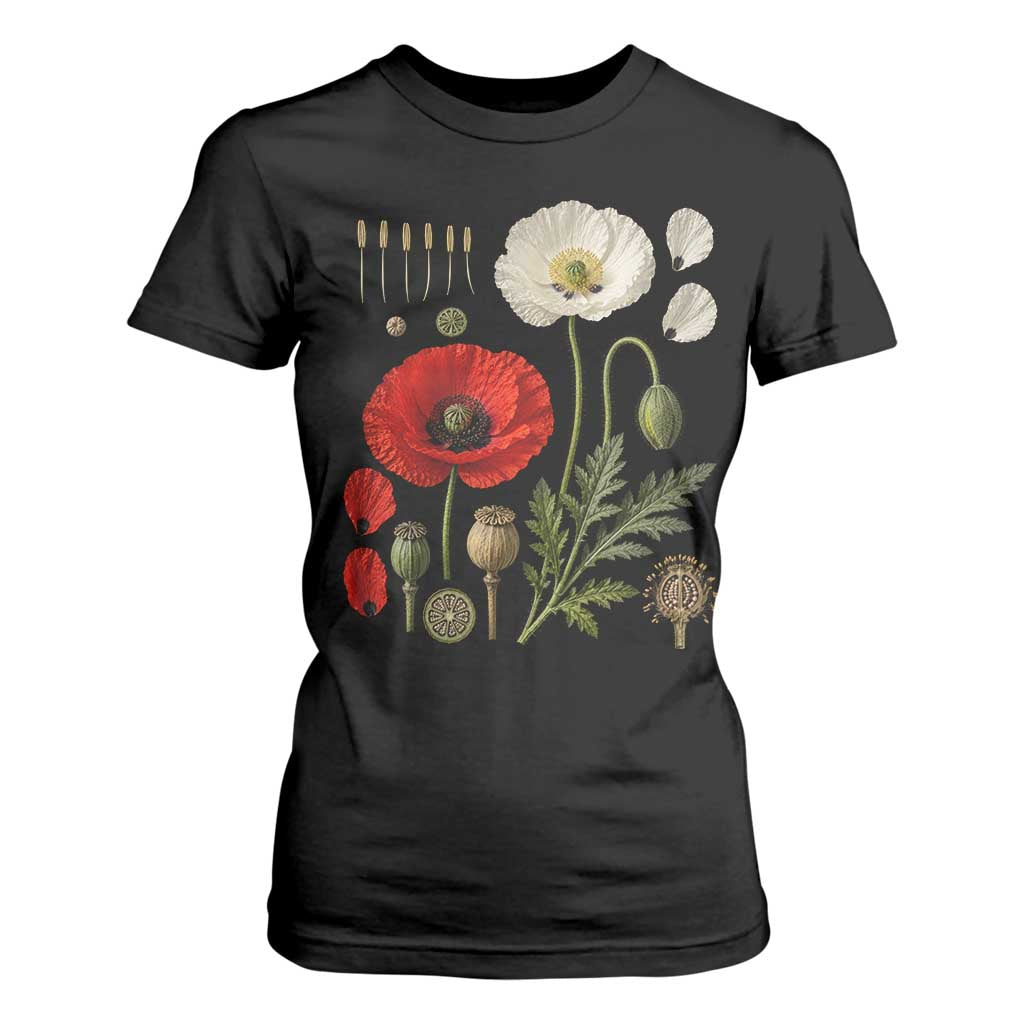 Summer Red Poppy Flower Botanical Poppies Vintage Print Memorial Day Floral Graphic T Shirt For Women