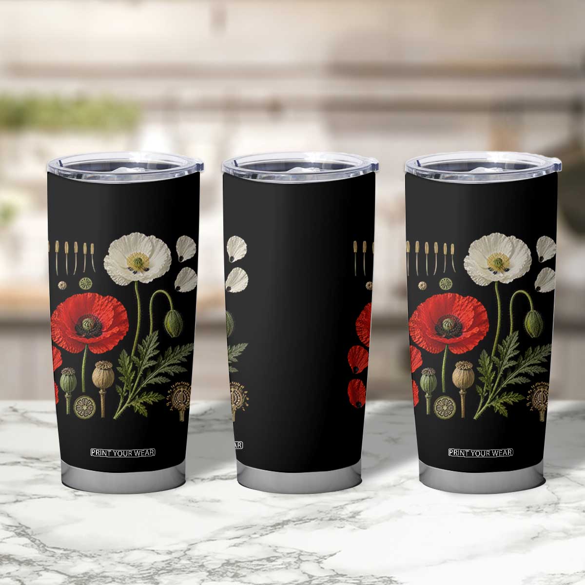 Summer Red Poppy Flower Botanical Poppies Vintage Print Memorial Day Floral Graphic Tumbler Cup