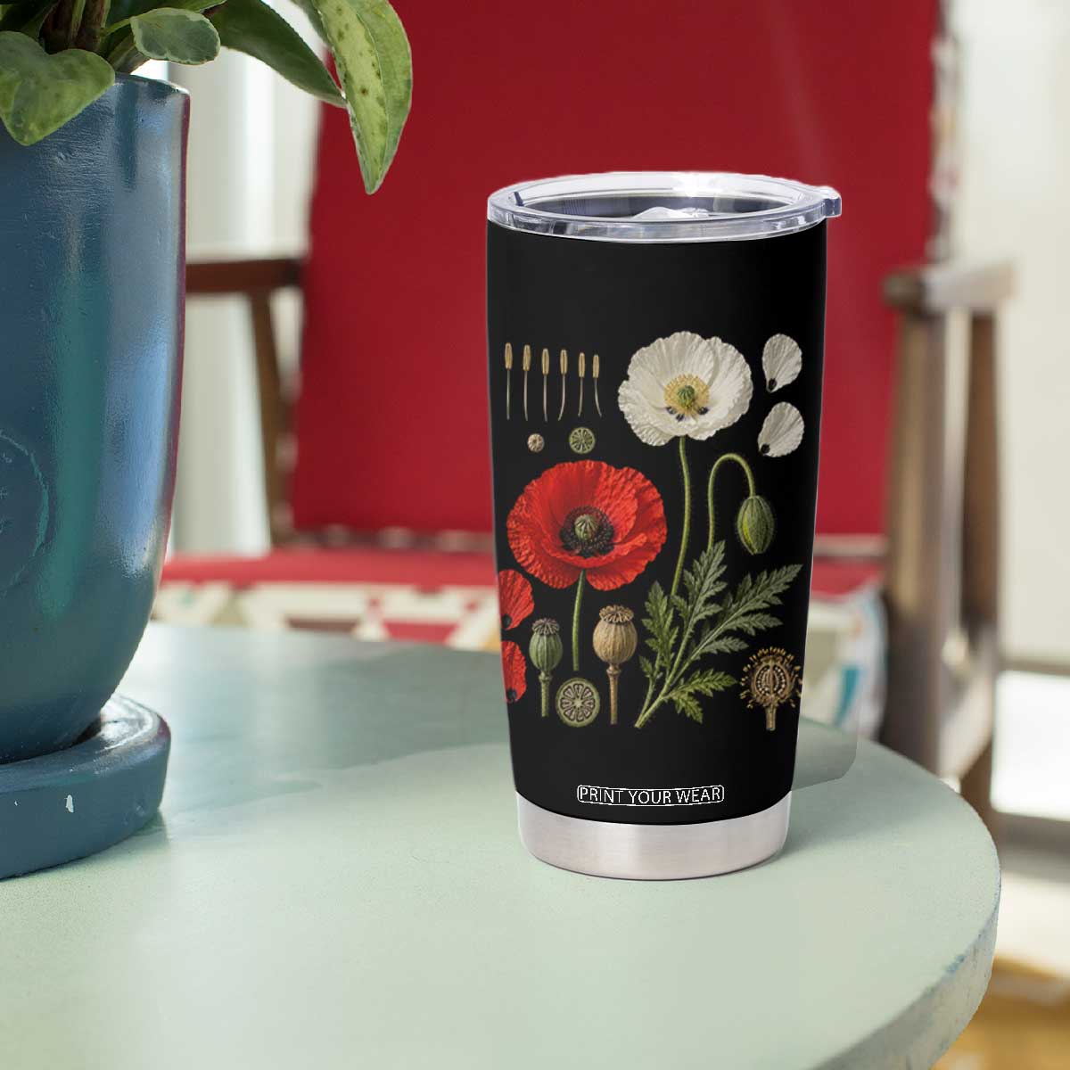 Summer Red Poppy Flower Botanical Poppies Vintage Print Memorial Day Floral Graphic Tumbler Cup