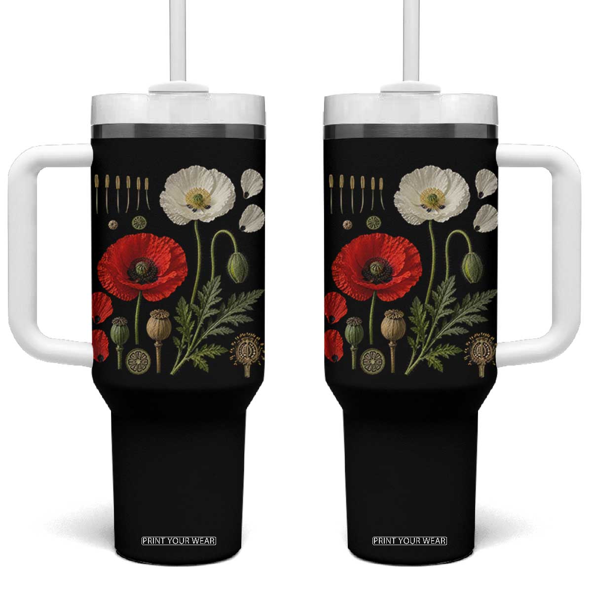 Summer Red Poppy Flower Botanical Poppies Vintage Print Memorial Day Floral Graphic Tumbler With Handle