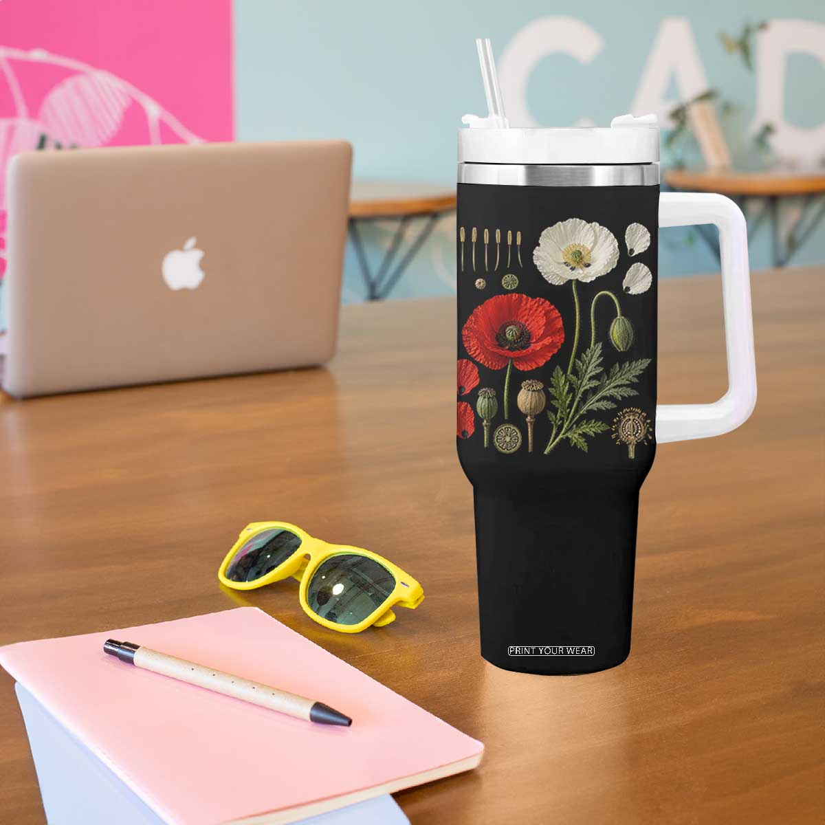 Summer Red Poppy Flower Botanical Poppies Vintage Print Memorial Day Floral Graphic Tumbler With Handle