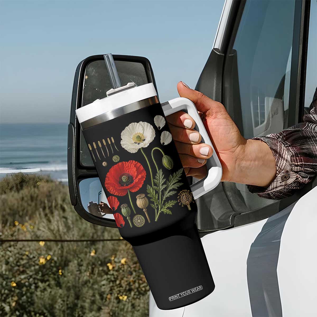 Summer Red Poppy Flower Botanical Poppies Vintage Print Memorial Day Floral Graphic Tumbler With Handle