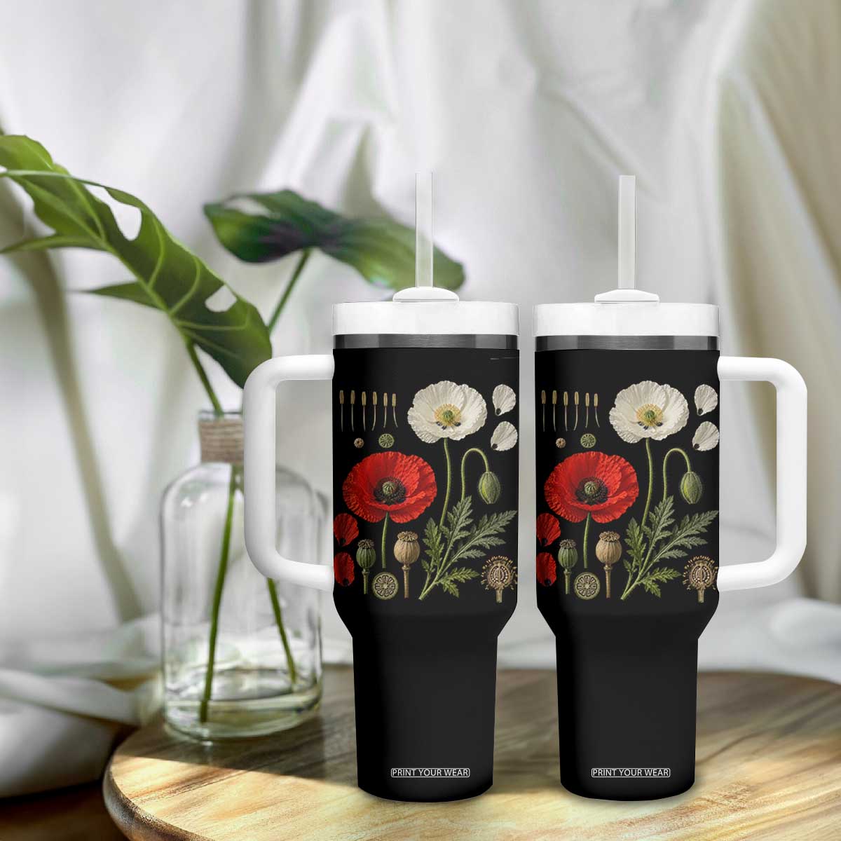 Summer Red Poppy Flower Botanical Poppies Vintage Print Memorial Day Floral Graphic Tumbler With Handle