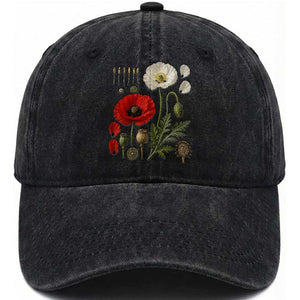 Summer Red Poppy Flower Botanical Poppies Vintage Print Memorial Day Floral Graphic Washed Cotton Baseball Cap