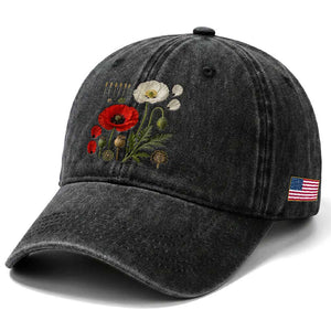 Summer Red Poppy Flower Botanical Poppies Vintage Print Memorial Day Floral Graphic Washed Cotton Baseball Cap