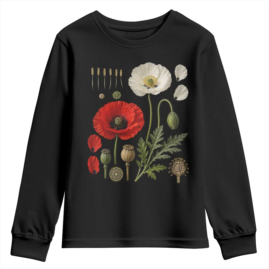 Summer Red Poppy Flower Botanical Poppies Vintage Print Memorial Day Floral Graphic Youth Sweatshirt