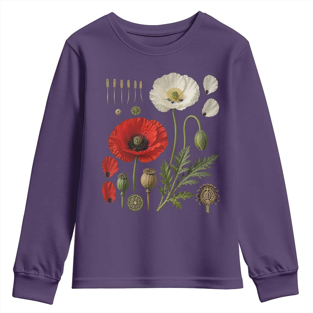 Summer Red Poppy Flower Botanical Poppies Vintage Print Memorial Day Floral Graphic Youth Sweatshirt
