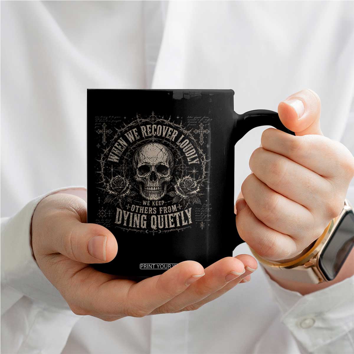 Addiction Recovery Coffee Mug When We Recover Loudly Vintage Skull Graphic