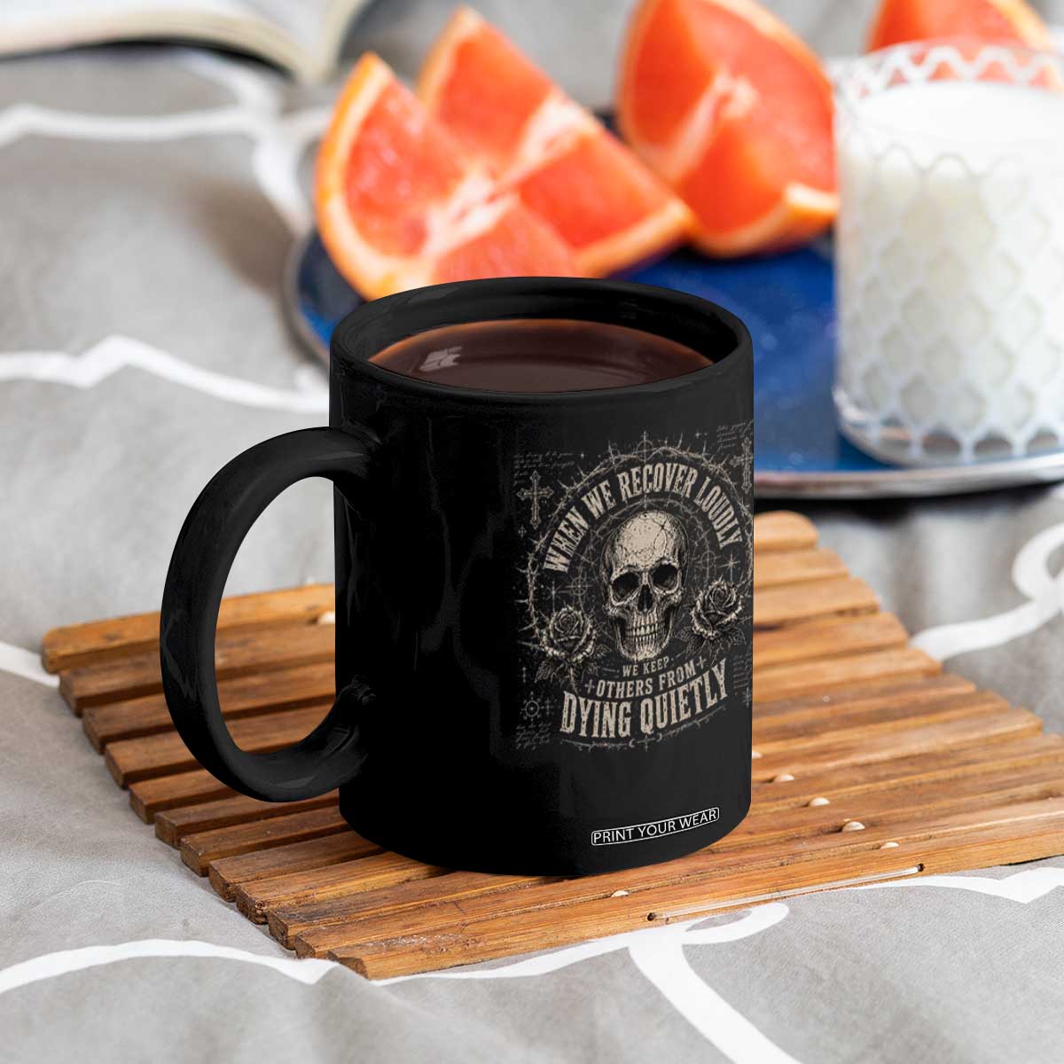 Addiction Recovery Coffee Mug When We Recover Loudly Vintage Skull Graphic