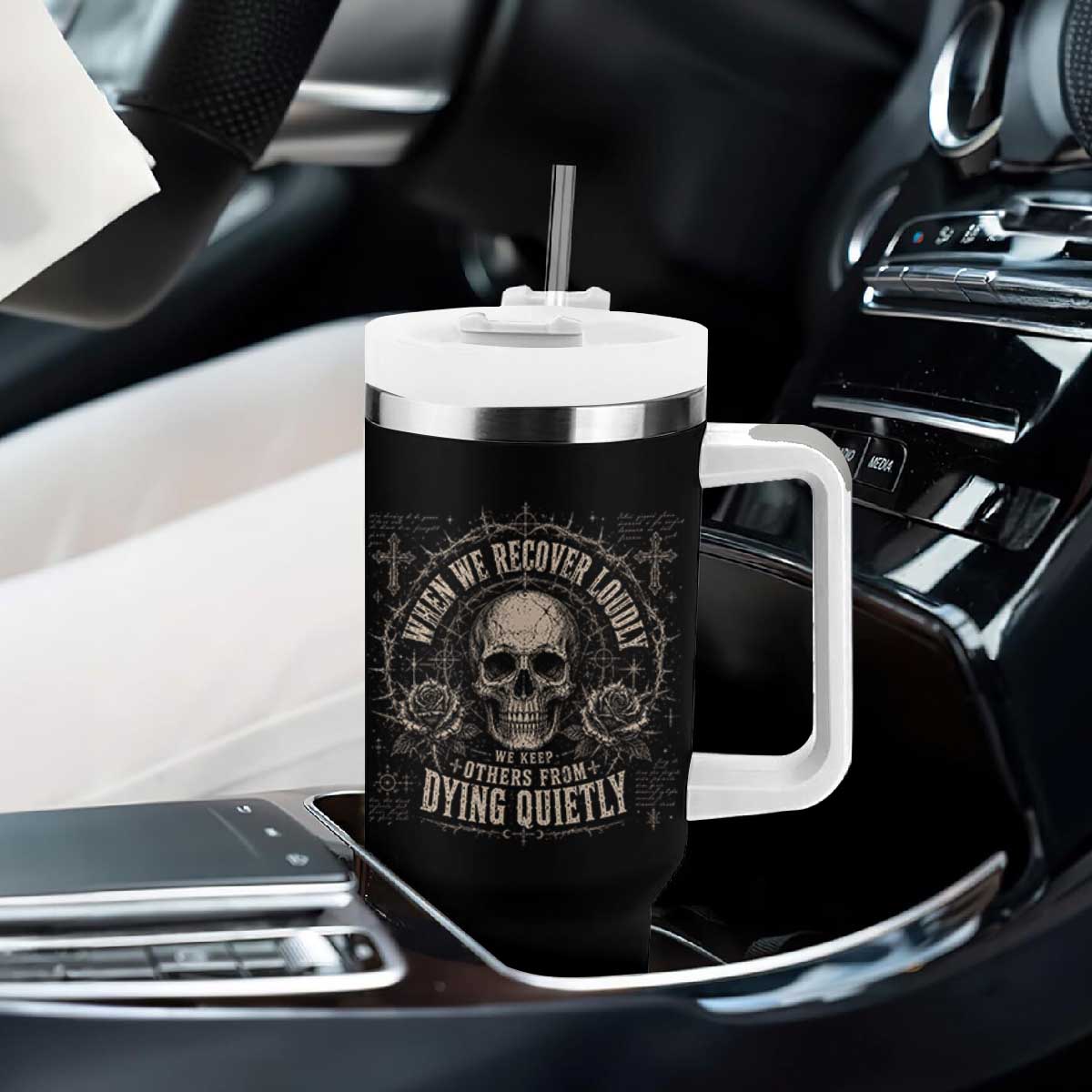 Addiction Recovery Tumbler With Handle When We Recover Loudly Vintage Skull Graphic