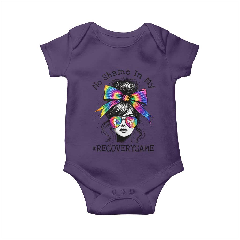 No Shame In My Recovery Game Baby Onesie Messy Bun Semicolon Graphic