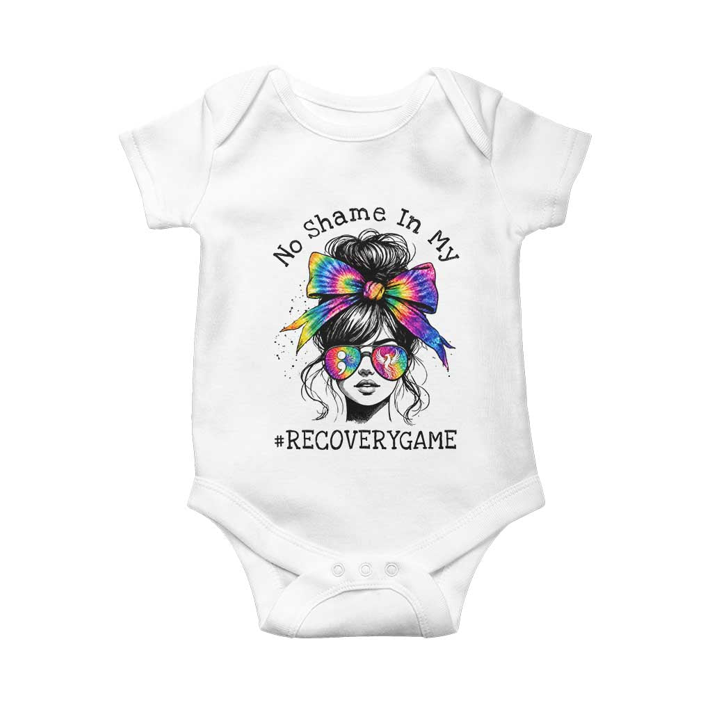 No Shame In My Recovery Game Baby Onesie Messy Bun Semicolon Graphic TS10 White Print Your Wear
