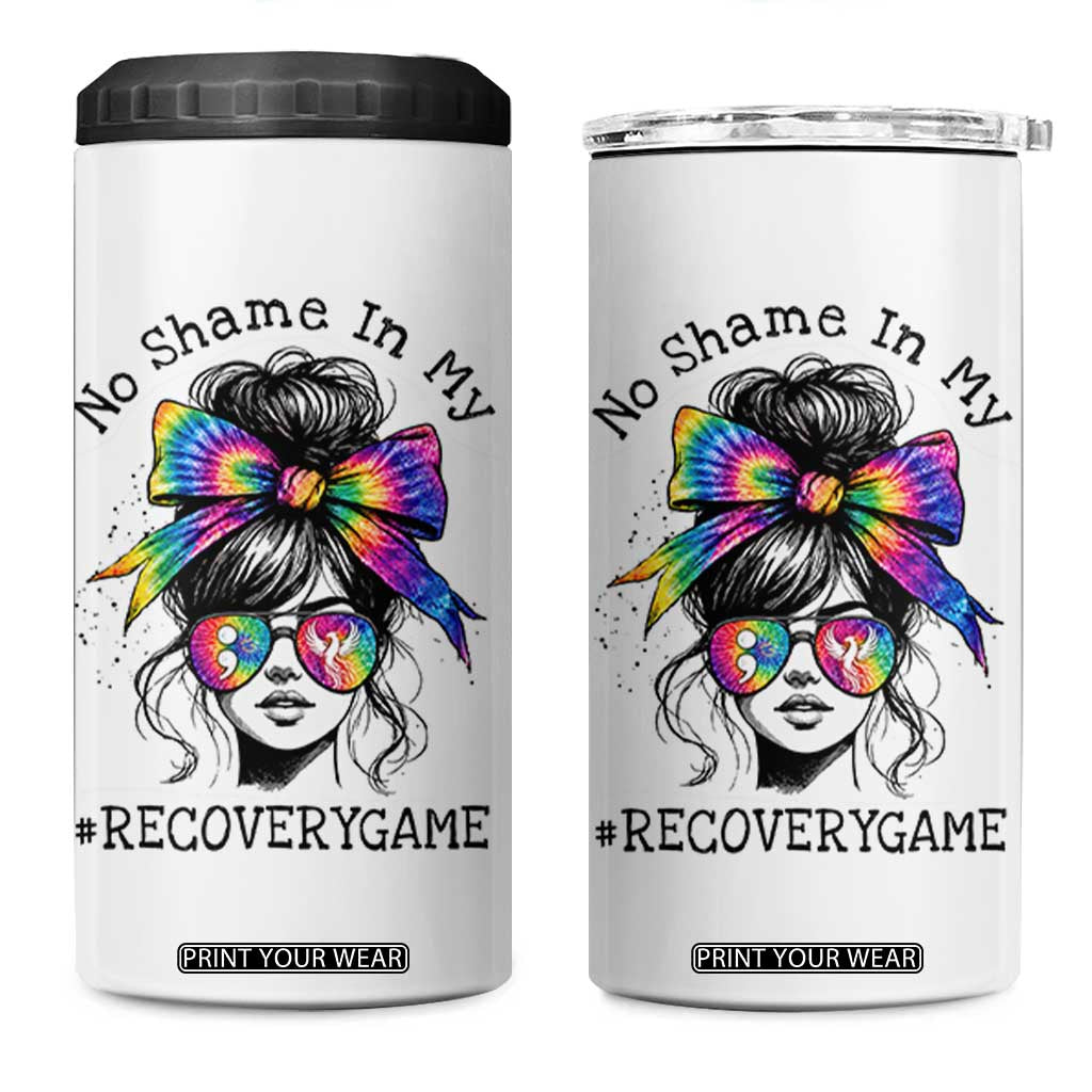 No Shame In My Recovery Game 4 in 1 Can Cooler Tumbler Messy Bun Semicolon Graphic TS10 One Size: 16 oz White Print Your Wear