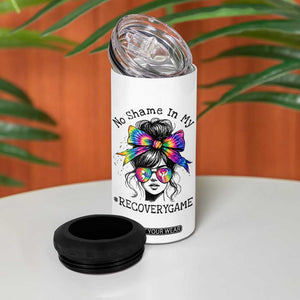 No Shame In My Recovery Game 4 in 1 Can Cooler Tumbler Messy Bun Semicolon Graphic