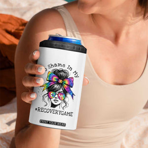 No Shame In My Recovery Game 4 in 1 Can Cooler Tumbler Messy Bun Semicolon Graphic