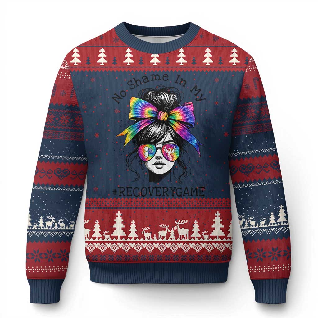 No Shame In My Recovery Game Ugly Christmas Sweater Messy Bun Semicolon Graphic TS10 Navy Red Print Your Wear