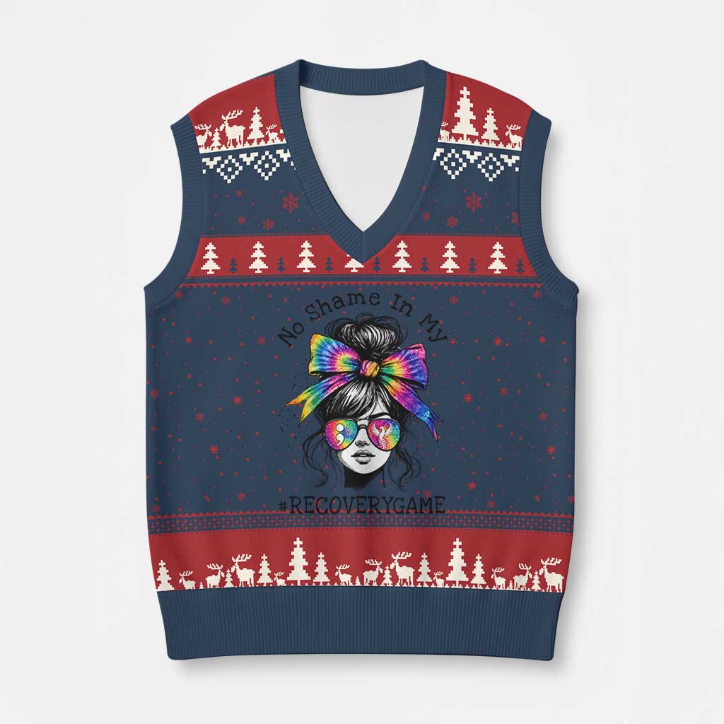 No Shame In My Recovery Game V-Neck Knit Sweater Vest Messy Bun Semicolon Graphic TS10 Navy Red Print Your Wear