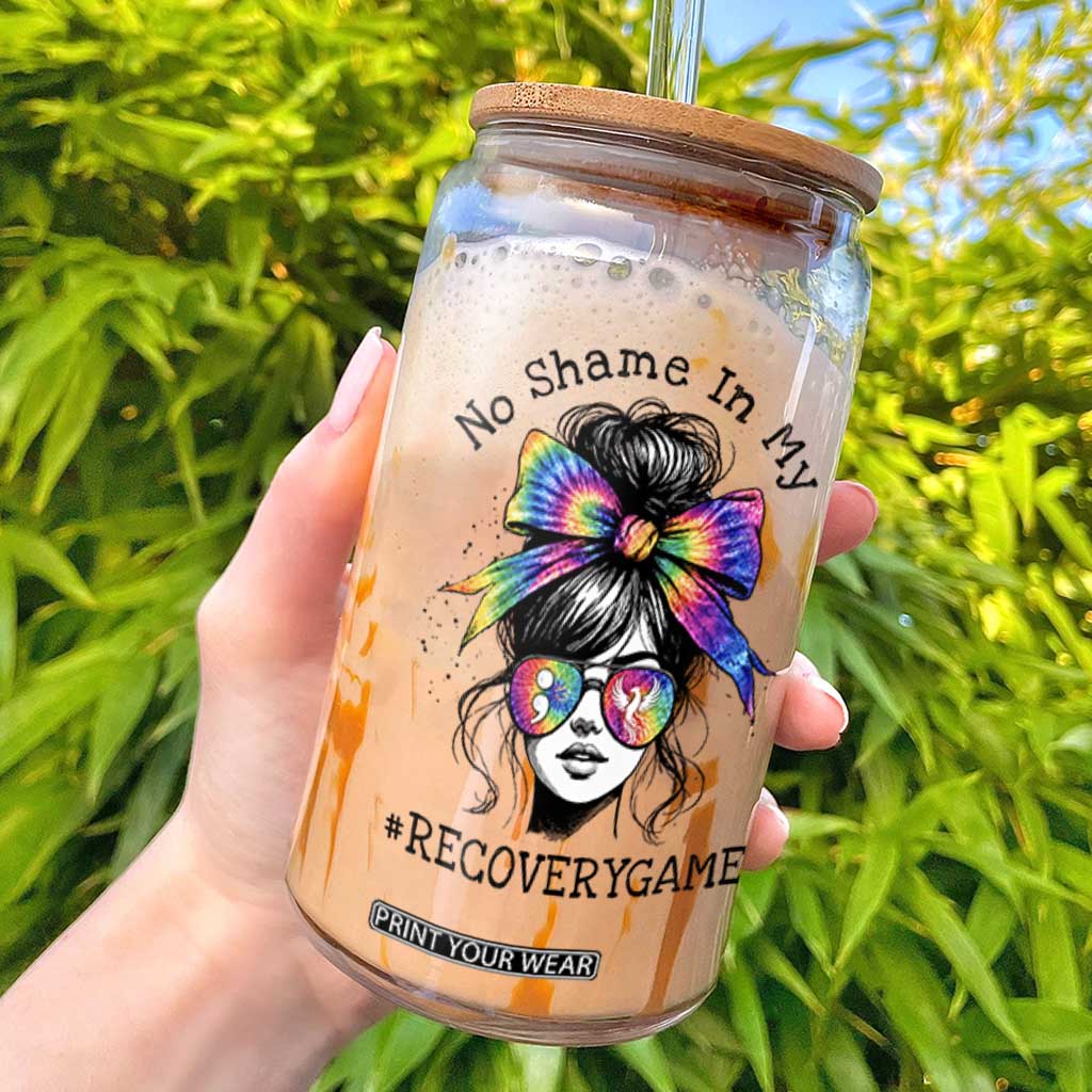 No Shame In My Recovery Game Glass Can Messy Bun Semicolon Graphic