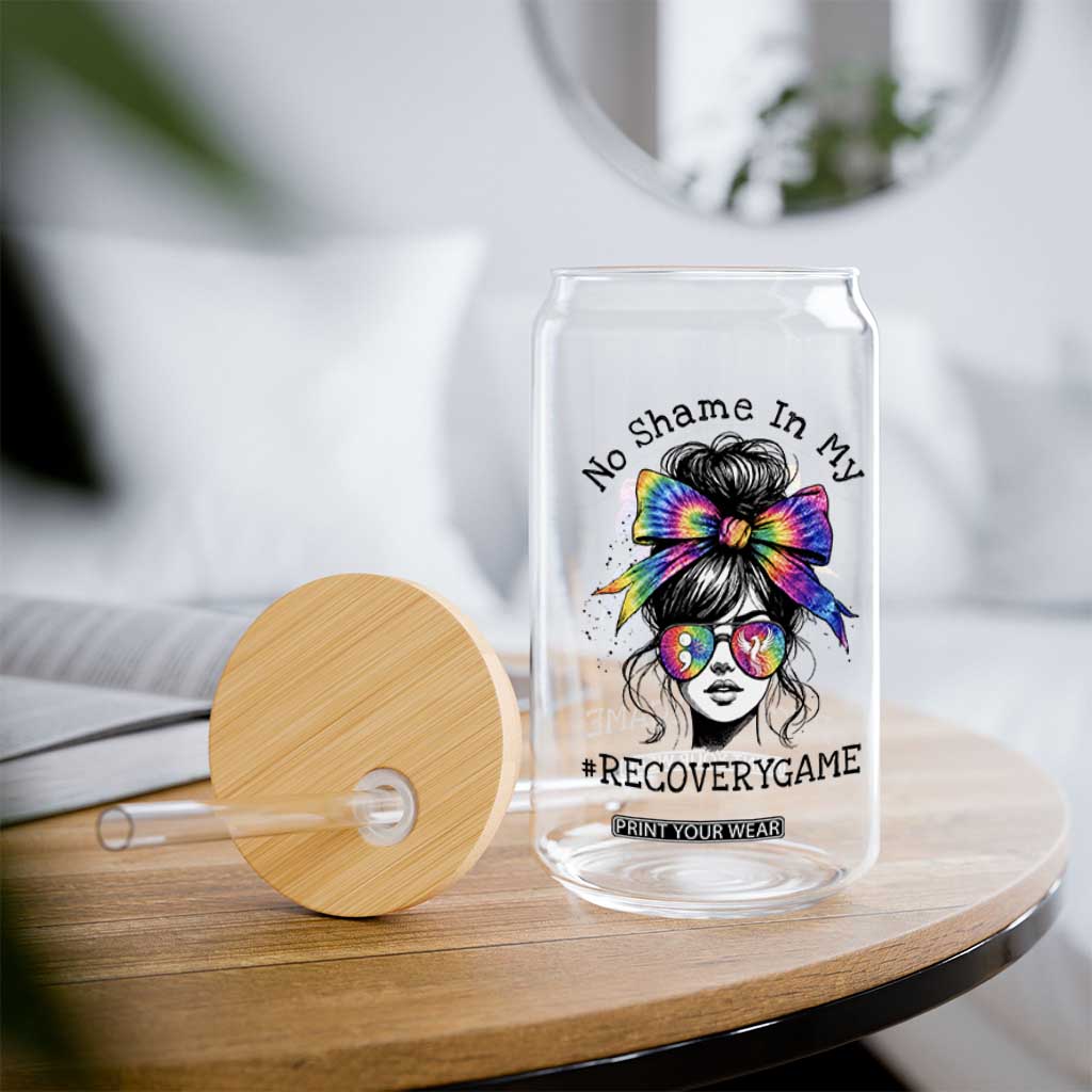 No Shame In My Recovery Game Glass Can Messy Bun Semicolon Graphic