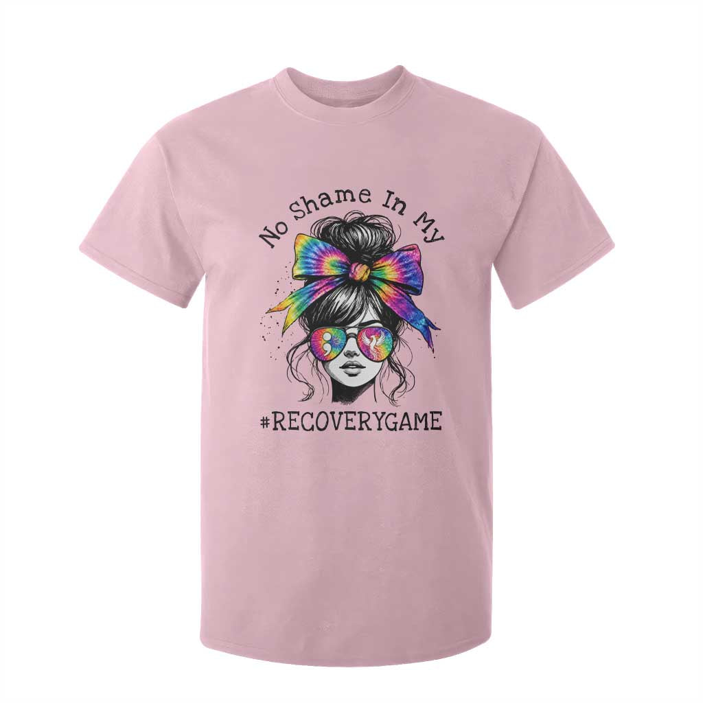 No Shame In My Recovery Game T Shirt For Kid Messy Bun Semicolon Graphic
