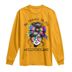 No Shame In My Recovery Game Long Sleeve Shirt Messy Bun Semicolon Graphic