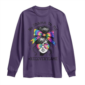 No Shame In My Recovery Game Long Sleeve Shirt Messy Bun Semicolon Graphic