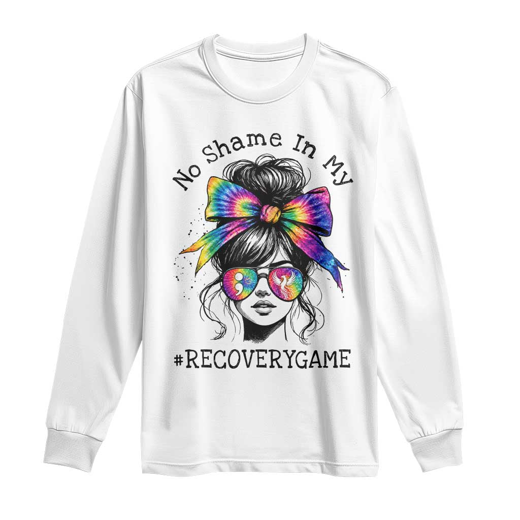 No Shame In My Recovery Game Long Sleeve Shirt Messy Bun Semicolon Graphic TS10 White Print Your Wear