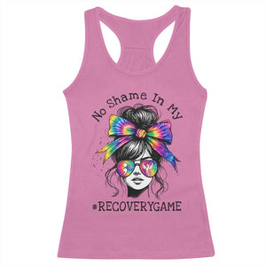 No Shame In My Recovery Game Racerback Tank Top Messy Bun Semicolon Graphic