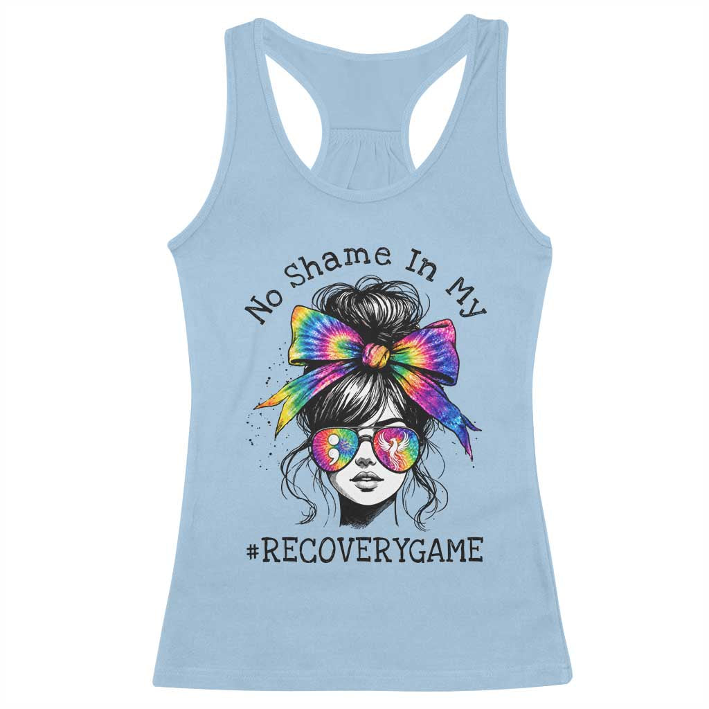 No Shame In My Recovery Game Racerback Tank Top Messy Bun Semicolon Graphic