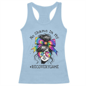 No Shame In My Recovery Game Racerback Tank Top Messy Bun Semicolon Graphic