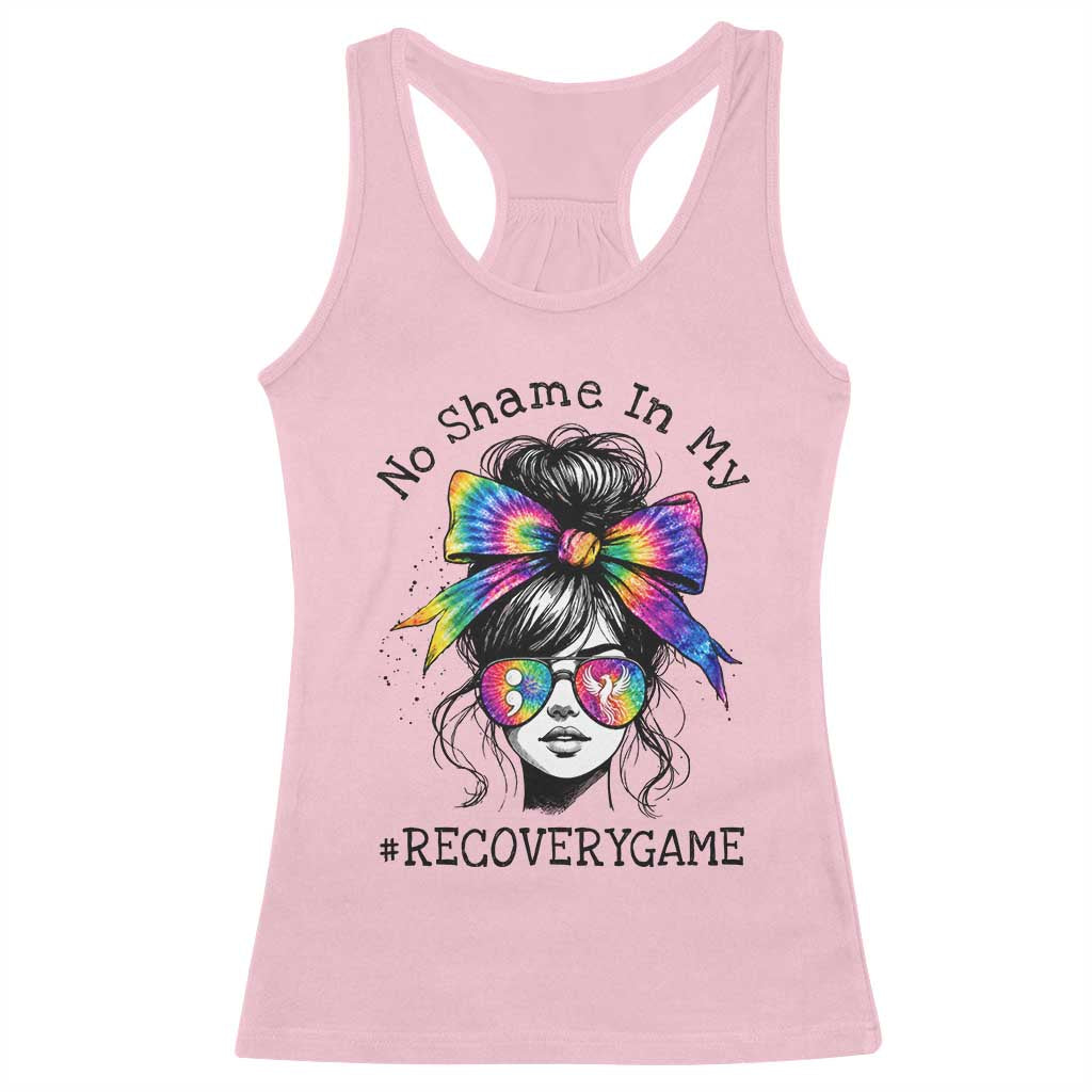 No Shame In My Recovery Game Racerback Tank Top Messy Bun Semicolon Graphic