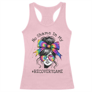 No Shame In My Recovery Game Racerback Tank Top Messy Bun Semicolon Graphic