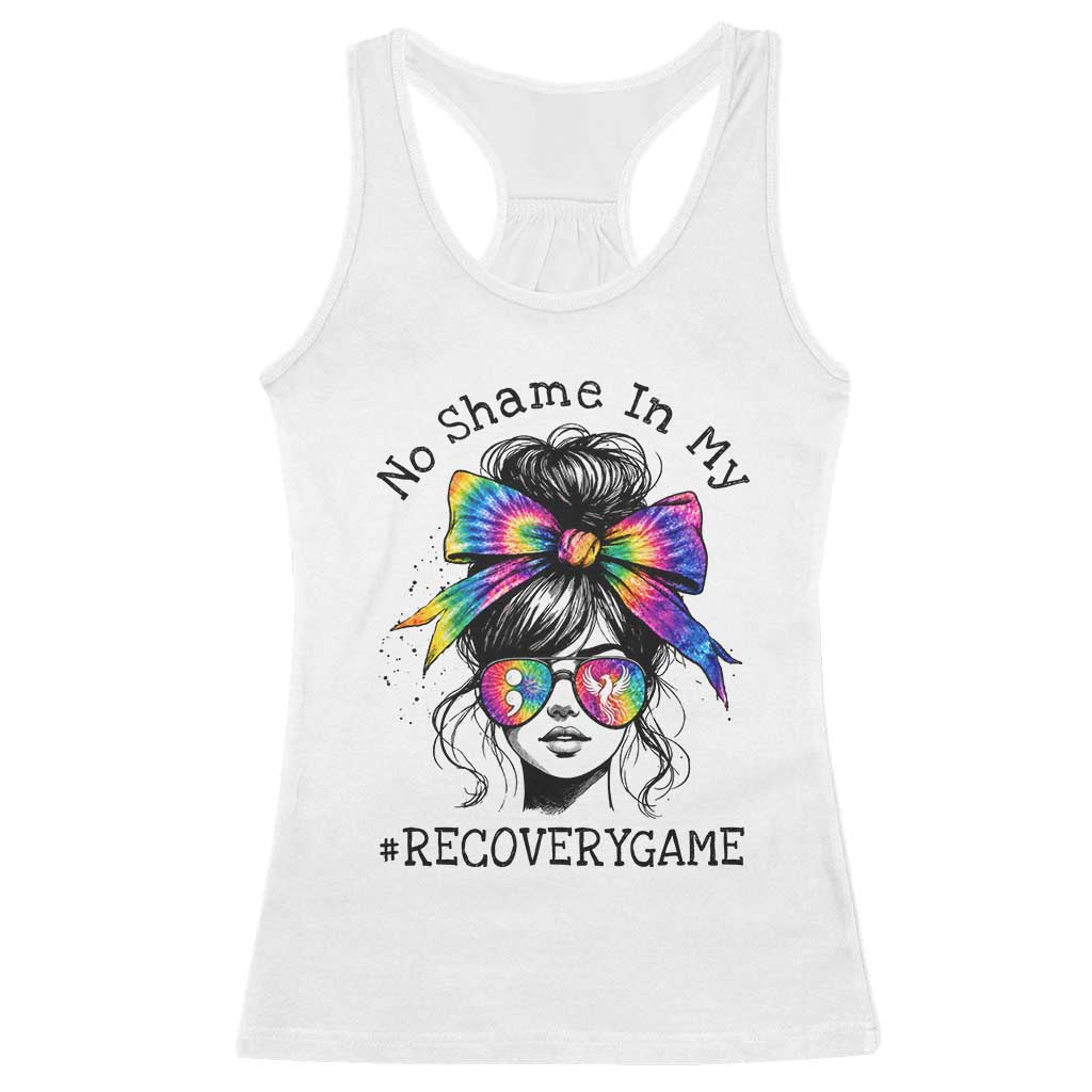 No Shame In My Recovery Game Racerback Tank Top Messy Bun Semicolon Graphic TS10 White Print Your Wear