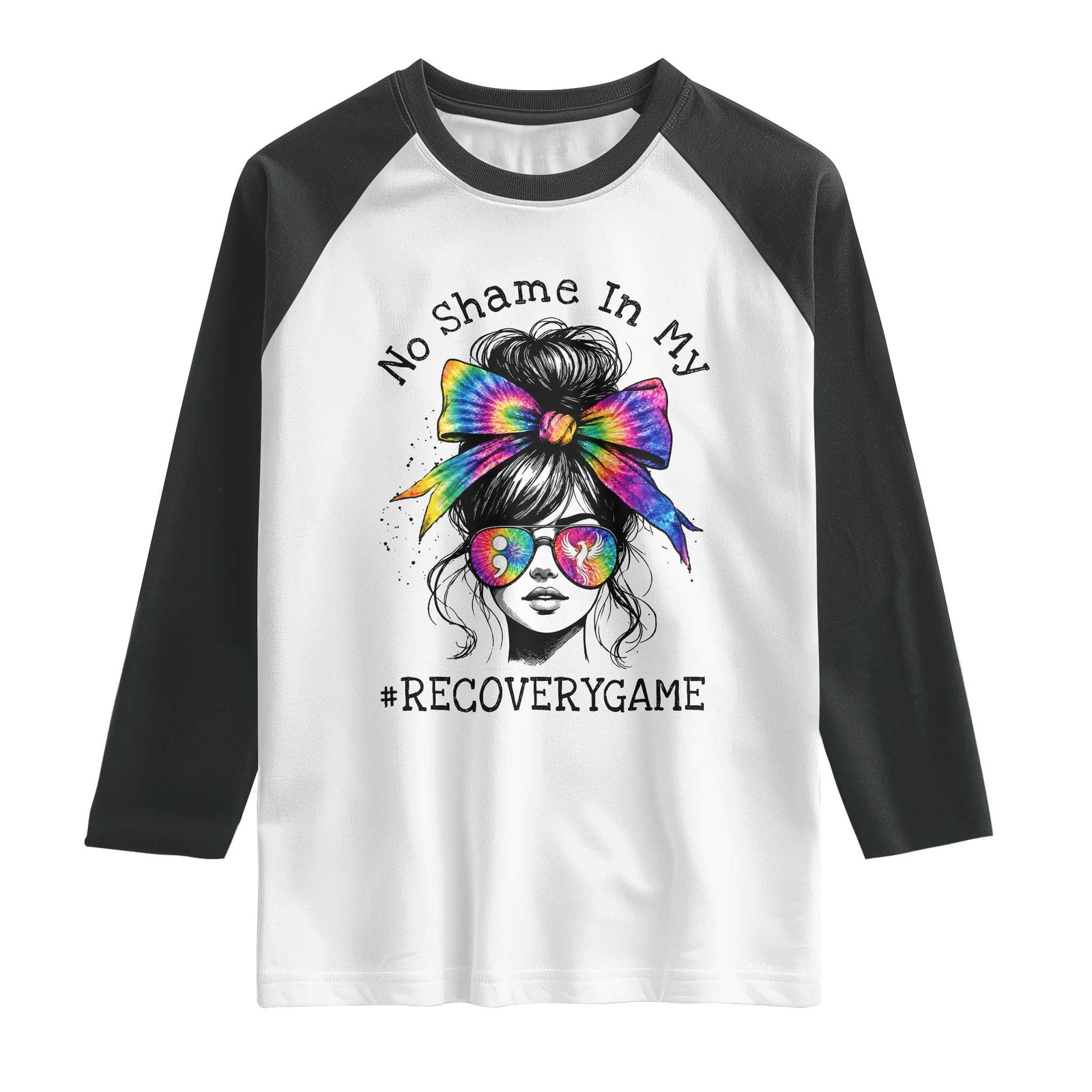 No Shame In My Recovery Game Raglan Shirt Messy Bun Semicolon Graphic TS10 White Black Print Your Wear