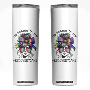 No Shame In My Recovery Game Skinny Tumbler Messy Bun Semicolon Graphic