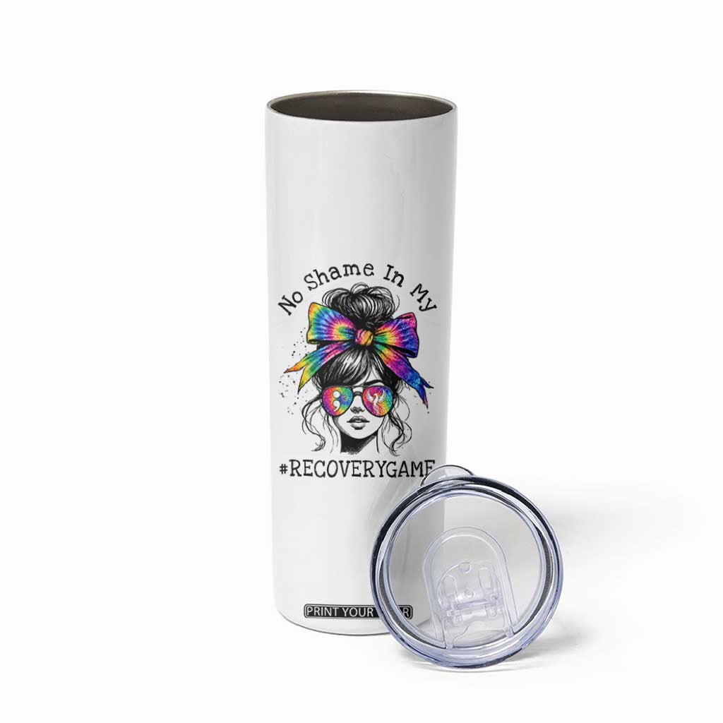 No Shame In My Recovery Game Skinny Tumbler Messy Bun Semicolon Graphic