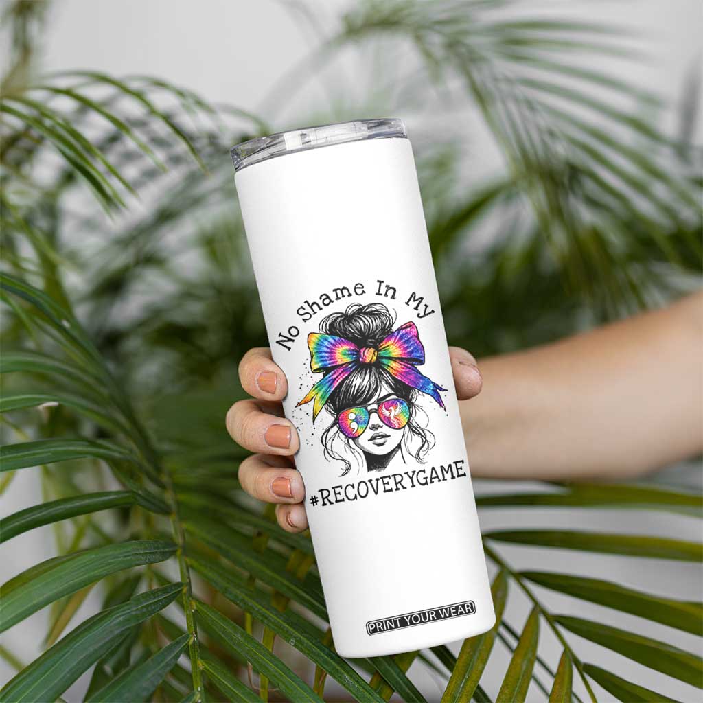 No Shame In My Recovery Game Skinny Tumbler Messy Bun Semicolon Graphic