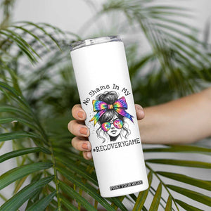 No Shame In My Recovery Game Skinny Tumbler Messy Bun Semicolon Graphic