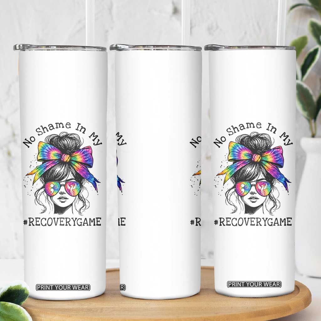 No Shame In My Recovery Game Skinny Tumbler Messy Bun Semicolon Graphic