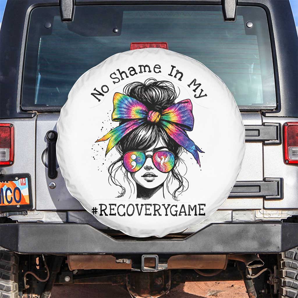 No Shame In My Recovery Game Spare Tire Cover Messy Bun Semicolon Graphic TS10 No hole White Print Your Wear